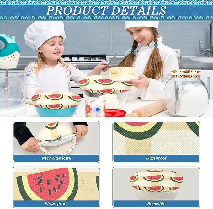 5 Pcs Bowl Covers Reusable in 5 Size Elastic Food Cover Cloth Lids Fresh Keeping Dish Cookware Bakeware Fabric Covers Lids for Food Leftovers Fruits Storage Cute Watermelon Slices Checkered