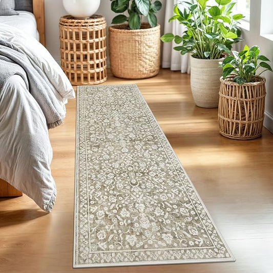 Vintage 2x7 Runner Rug, Beige Washable Runners for hallways, Super Soft Kitchen Runner Rug Non Slip, Print Faux Wool Floral Thin Carpet Runner for Entryway Indoor Bedroom Bedside Runner