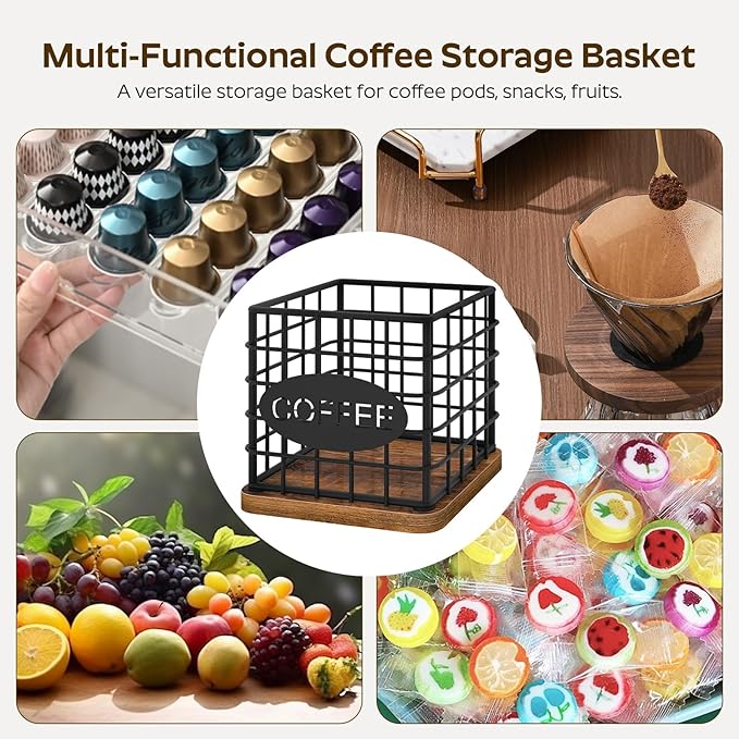 Coffee Pod Holder Organizer, Large Capacity Coffee Pod Basket for K Cup, Coffee Capsule Storage Basket with Wooden Base, Space Saving, for Kitchen Countertop, Black and Rustic Brown KH10BR