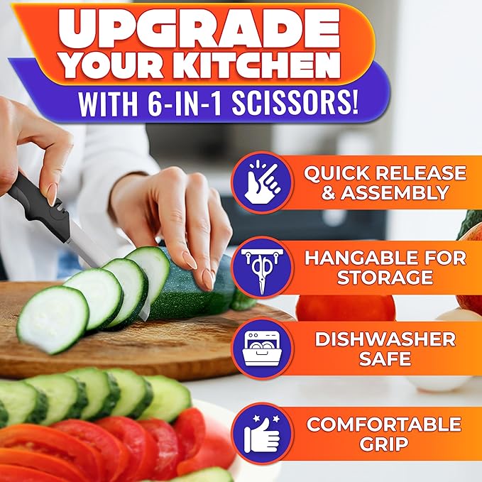 6-in-1 Cutting Board Scissors – Kitchen Shears Heavy Duty with Built-In Mini Board, Ribbed No-Slip Blade, Spring-Assist, Safety Lock & Dishwasher-Safe Design – Meat Scissors for Veggies, Fruits, Fish
