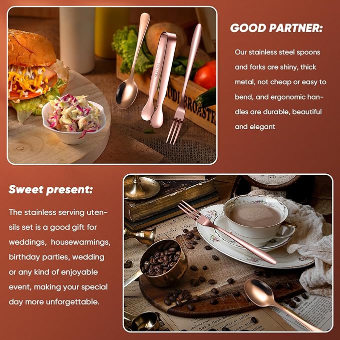 Cunhill 24 Pcs Charcuterie Accessories Mini Cocktail Tongs Small Serving Spoons and Appetizer Forks Stainless Steel Tongs Charcuterie Utensils for Valentine Party Supplies(Vivid Sharp Spoon,Rose Gold)