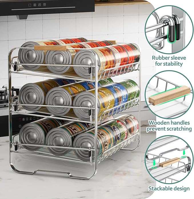MAXIFFE 3 Tier Can Organizer for Pantry, Space-Saving Adjustable Easy Assembly Metal Sturdy Hold 36 Cans Storage Rack Holder Dispenser for Kitchen Countertop Cabinet RV, for Soda Drinks Fruits, Chrome