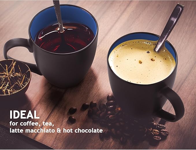 MIAMIO - Set of 6 Stoneware Coffee Mugs 12 Ounce/Cup Set - Le Papillon Collection (Black-Blue)