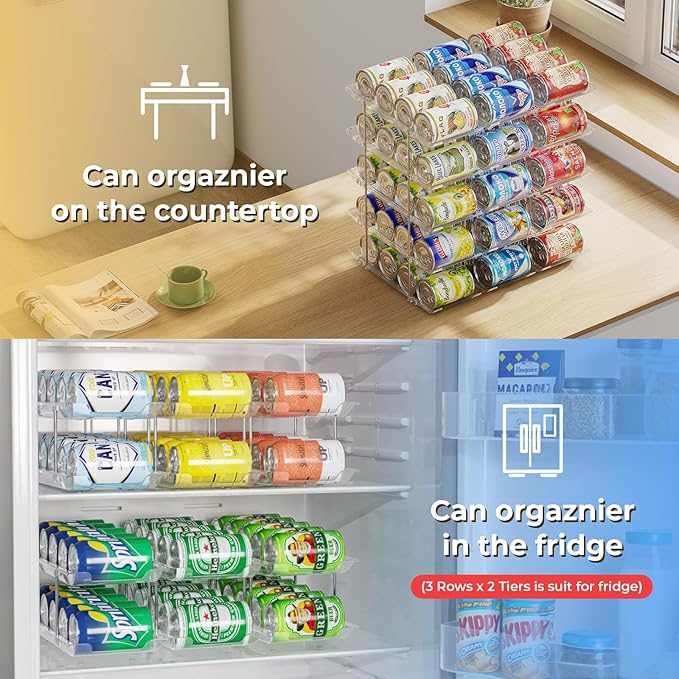 Stackable 5 Tiers Can Organizer Pantry, Canned Food Holder for Fridge Holds 60 Cans, Free Combination & Automatic Rolling, Space Saving Storage for Refrigerator Kitchen Pantry, Clear