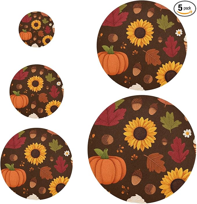 5 Pcs Bowl Covers Reusable in 5 Size Elastic Food Cover Cloth Lids Fresh Keeping Dish Cookware Bakeware Fabric Covers Lids for Food Leftovers Fruits Storage Sunflowers Maple Leaves Pumpkins