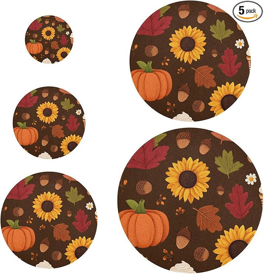5 Pcs Bowl Covers Reusable in 5 Size Elastic Food Cover Cloth Lids Fresh Keeping Dish Cookware Bakeware Fabric Covers Lids for Food Leftovers Fruits Storage Sunflowers Maple Leaves Pumpkins
