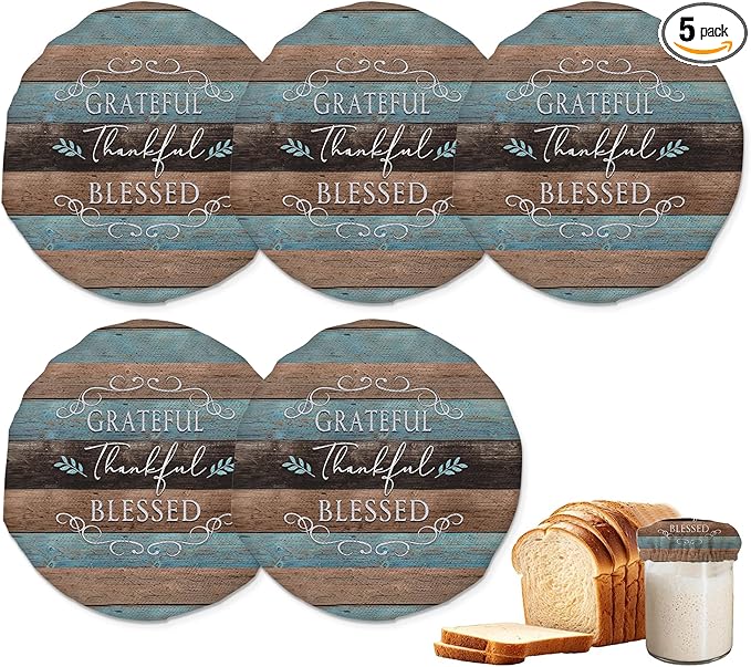 Sourdough Starter Jar Covers,5-Pack Reusable Thankful Grateful Blessed Cloth Lids for 3-4 Inch Jars,Ideal for Kombucha Kefir or Cheese Fermentation
