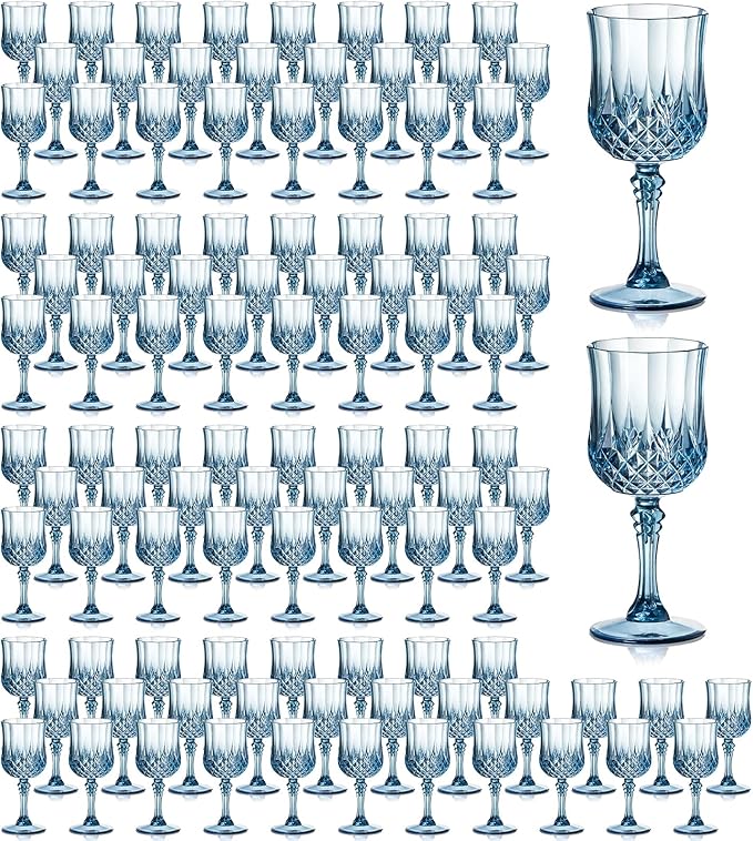 XUWAIDSGN 7oz Plastic Vintage Wine Glasses Drinking Glasses Unbreakable Wedding Glassware Crystal Water Goblets Reusable Drinkware Vintage Champagne Flutes (100, Blue)