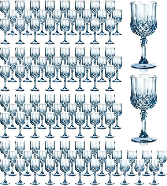 XUWAIDSGN 7oz Plastic Vintage Wine Glasses Drinking Glasses Unbreakable Wedding Glassware Crystal Water Goblets Reusable Drinkware Vintage Champagne Flutes (100, Blue)