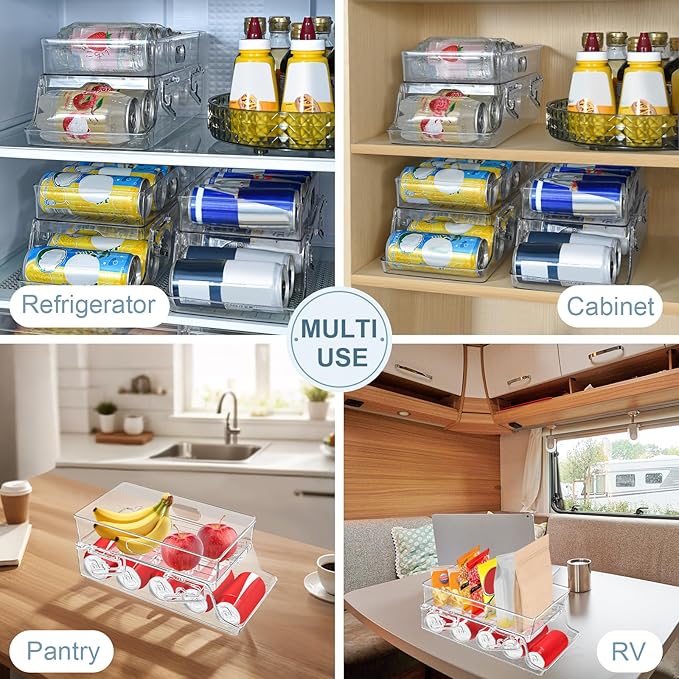 1PC Soda Can Organizer for Refrigerator & Pantry, Space Saving Auto-Rolling Stacking Can Dispenser Holds 12 Cans, Fits Skinny/Standard/Tall Cans, Clear Fridge Can Holder Storage for Kitchen, Office