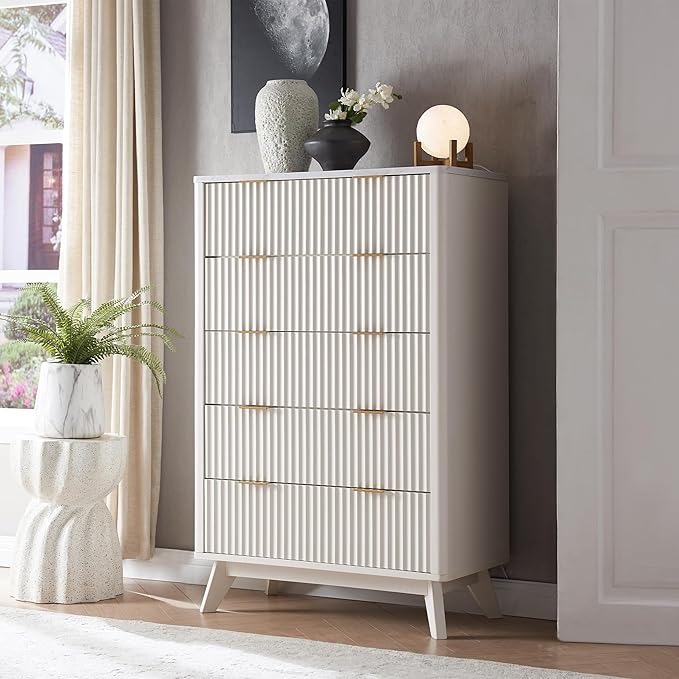 T4TREAM Fluted 5 Drawers Dresser, 48" Tall Modern Chest of Drawers with Faux Marble Top, Curved Profile Design, Wood Drawer Organizer for Bedroom, Living Room, Hallway, Entryway, Solid White