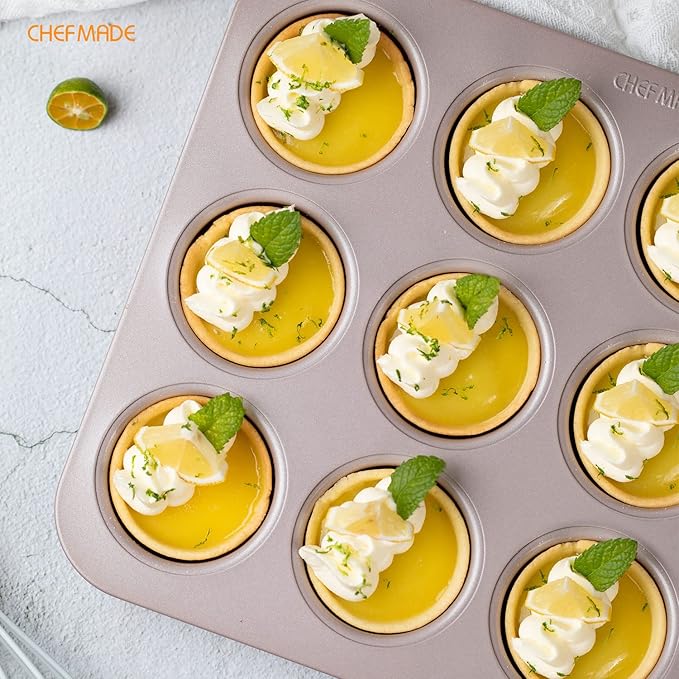 CHEFMADE Muffin Cake Pan, 12-Cavity Non-Stick Bristish Cupcake Pan Bakeware for Oven Baking (Champagne Gold)