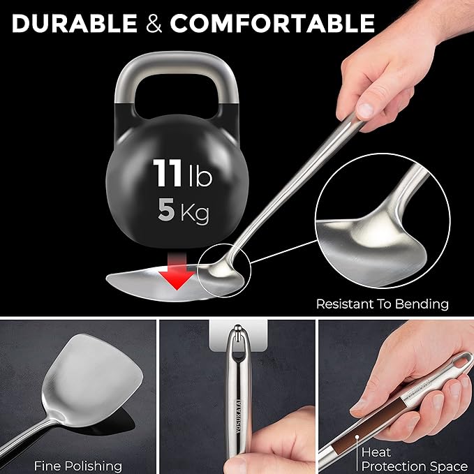 YOSUKATA 17’’ Wok Spatula and Ladle - Set of 2 Heat-Resistant Wok Tools - Universal Wok Ladle and Spatula - High-Grade 304 Stainless Steel Cooking Utensils and Wok Accessories - Solid Wok Utensils