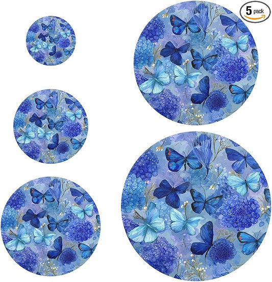 5 Pcs Bowl Covers Reusable in 5 Size Elastic Food Cover Cloth Lids Fresh Keeping Dish Cookware Bakeware Fabric Covers Lids for Food Leftovers Fruits Storage Ink Blue Hydrangea Butterfly