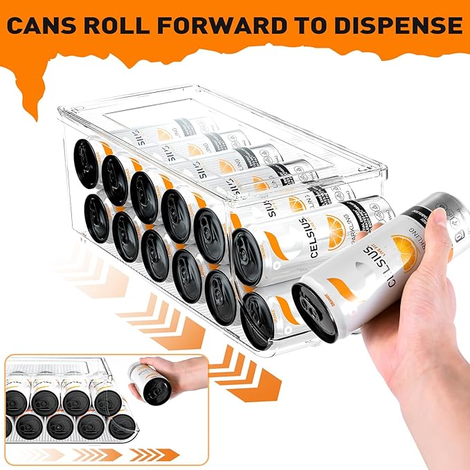 Skinny Can Organizer for Refrigerator, Stackable Tall Skinny Soda Pop Can Holder Dispenser with Lid for Fridge Pantry Rack Freezer, Clear Plastic Storage Bins-Holds 12 Slim Cans (See-through)