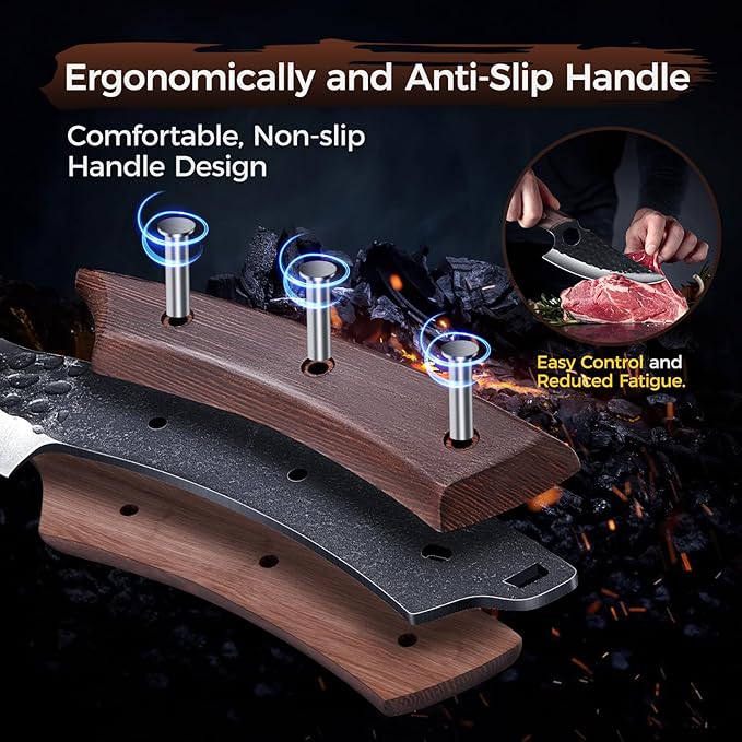 Butcher Knife Meat Cleaver Knife, Hand Forged Japanese Knife Set of 3, High Carbon Kitchen Knife & Serbian Chef Knife & Boning Knife for Meat Cutting, Outdoor Cooking BBQ Camping Gift for Men