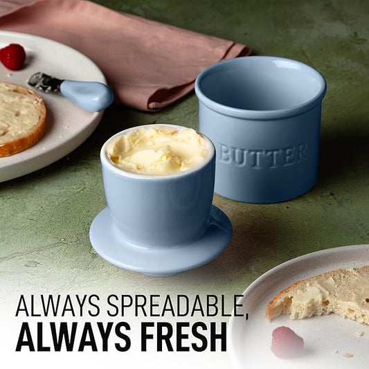 Zulay Kitchen Porcelain Butter Crock With Lid & Knife - Authentic French Butter Dish For Fresh & Spreadable Butter - Blue-Gray