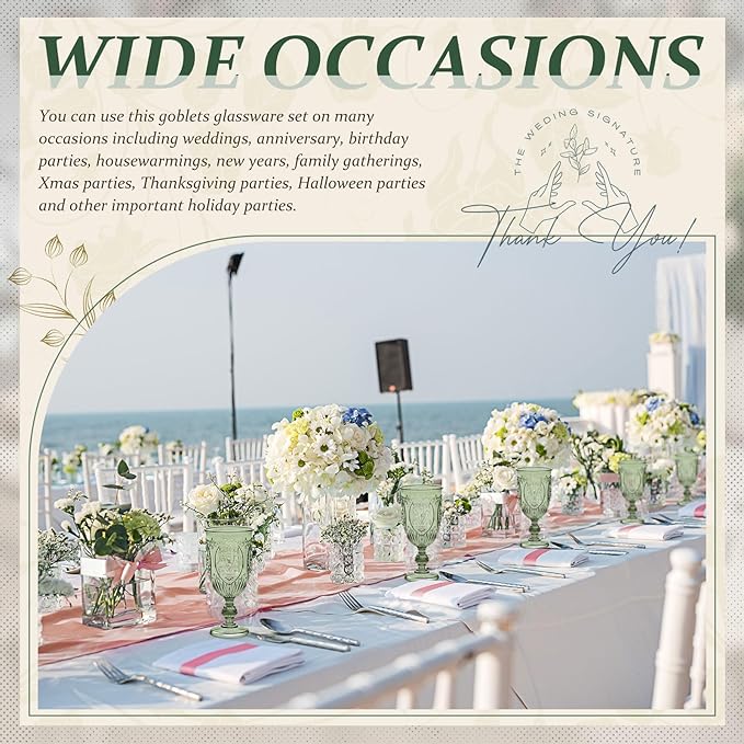 24 Pcs Plastic Goblets 7.5oz Vintage Goblet Plastic Wine Glasses Colored Retro Embossed Water Goblets for Wine Bar Juice Baby Shower Wedding Reception Grand Event Party (Olive Green)