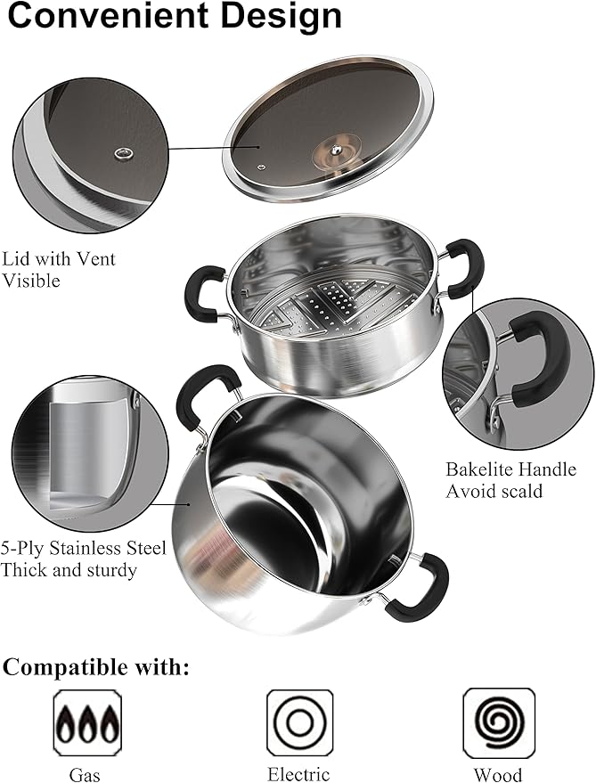 VENTION 7.9 Inch Small Vegetable Steamer Pot, 2.5 QT Stainless Steel Steamer for Cooking, Steam Pot(20cm)