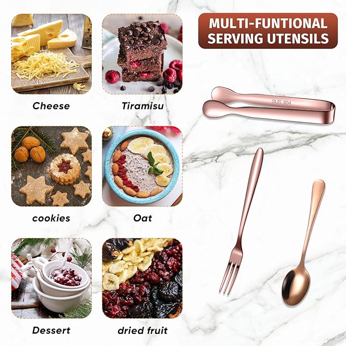Cunhill 24 Pcs Charcuterie Accessories Mini Cocktail Tongs Small Serving Spoons and Appetizer Forks Stainless Steel Tongs Charcuterie Utensils for Valentine Party Supplies(Vivid Sharp Spoon,Rose Gold)