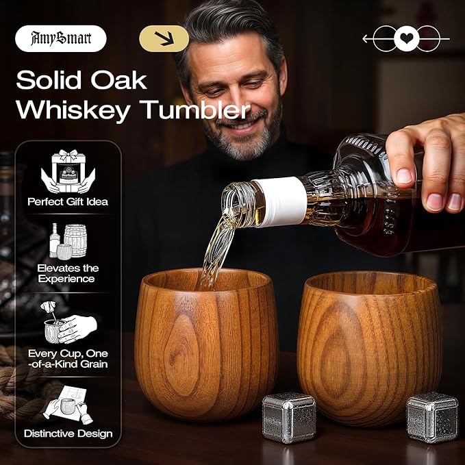 Handcrafted Wooden Whiskey Glass with Gift Tube – Charred Old Fashioned Glass,Charred Bourbon Drinking Cup | Unique Whiskey Gift for Men, Dad, Husband, Friends, Birthday & Holiday (2 Pack)