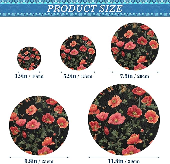 5 Pcs Bowl Covers Reusable in 5 Size Elastic Food Cover Cloth Lids Fresh Keeping Dish Cookware Bakeware Fabric Covers Lids for Food Leftovers Fruits Storage Black Poppy Butterfly