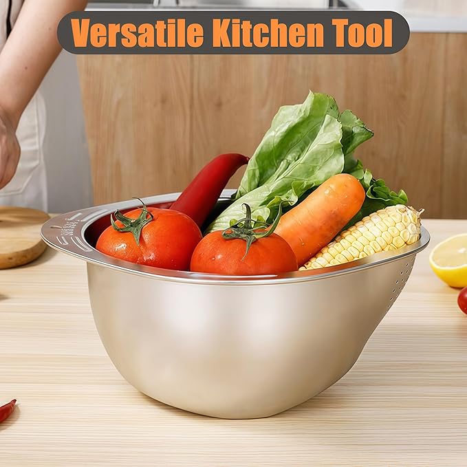 Rice Washer Strainer Bowl, Stainless Steel Washing Bowl, Quinoa Colander Versatile Side Drainers for Cleaning Rinsing Fruits, Vegetables, and Beans - Multifunctional Drain Basket