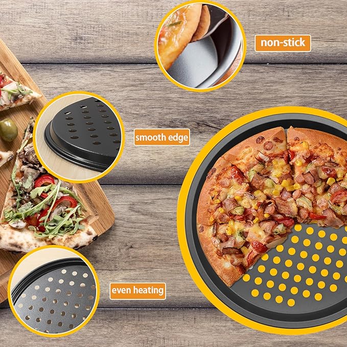 2Pcs Carbon Steel Pizza Pan With Holes 9inch 12inch non stick pizza pan for Oven Round Perforated Pizza Tray Pizza Bakeware For Home Restaurant Baking (2pcs 12inch)