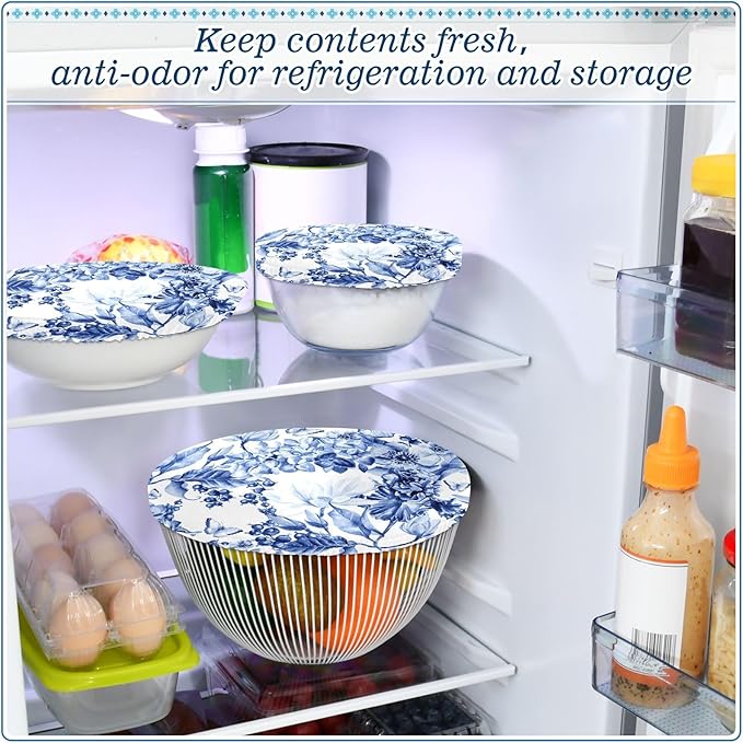 5 Pcs Bowl Covers Reusable in 5 Size Elastic Food Cover Cloth Lids Fresh Keeping Dish Cookware Bakeware Fabric Covers Lids for Food Leftovers Fruits Storage Blue and White