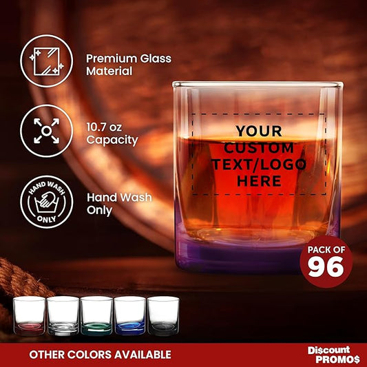Custom Lexington Rocks Whiskey Glass 10.5 oz, Set of 96, Personalized Bulk Pack - Perfect for Scotch, Bourbon, Whiskey, Cocktail - Purple