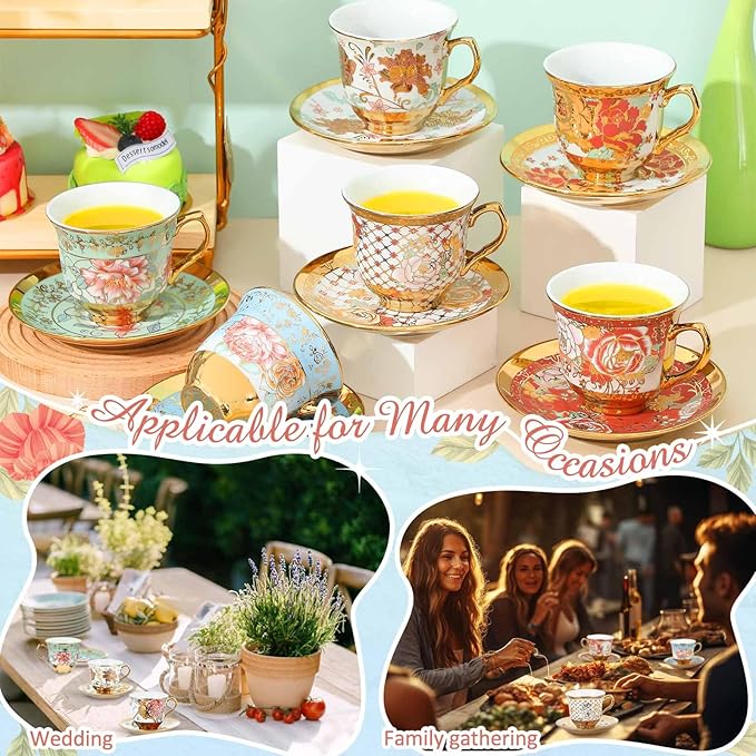 Set of 6 Tea Cups and Saucers Tea Party Decorations Floral Porcelain 5.4 oz British Gift for Women Birthday Party, Church, and Mother's Day (Stylish Style,5.4 oz)