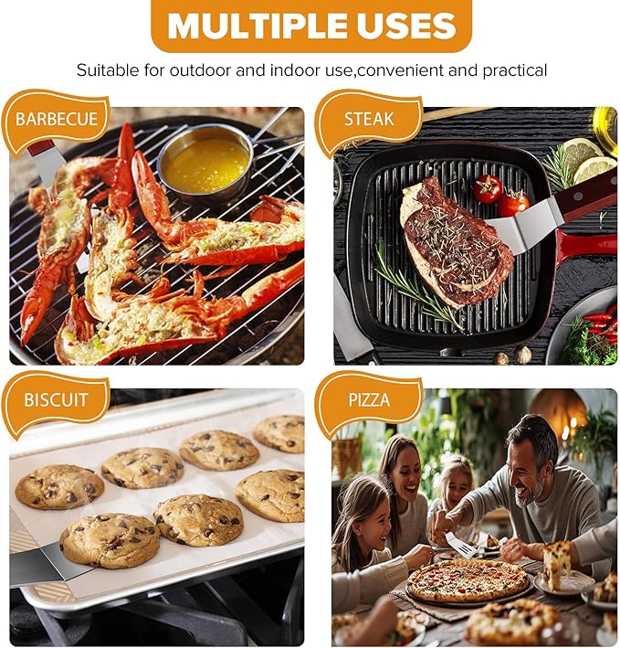 Small Metal Spatula Set for Cast Iron Skillet,Mini Wooden Spatulas for Kitchen Use,Thin Beveled Edge Stainless Steel Cookie Brownie Spatula Turner Server for Cake Egg Serving Cutting Flipping,2 Pcs