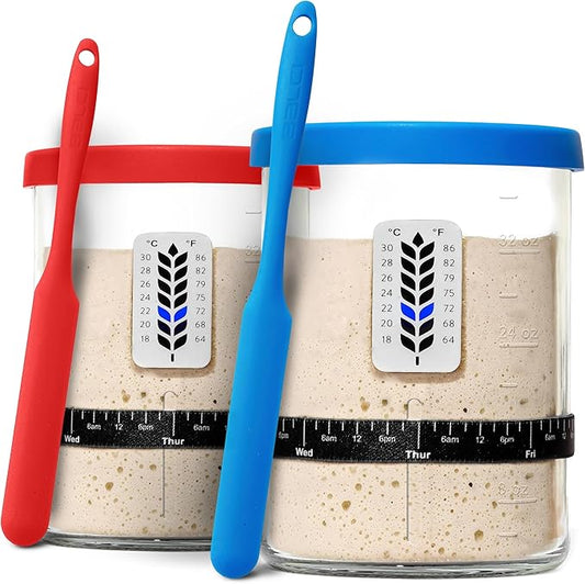 Premium Sourdough Starter Jar - 40oz Large Sourdough Jar with Marked Feeding Band, Thermometer, Scraper, Cloth Cover and Silicone Lid/Base, Wide Mouth Starter Kit - Blue/Red