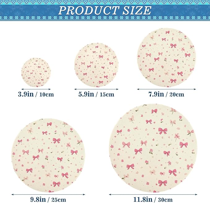 5 Pcs Bowl Covers Reusable in 5 Size Elastic Food Cover Cloth Lids Fresh Keeping Dish Cookware Bakeware Fabric Covers Lids for Food Leftovers Fruits Storage Beige Flower Pink Bows
