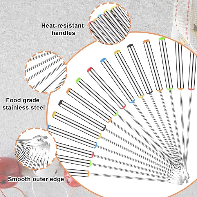 18 PCS Fondue Forks Stainless Steel,9.3 Inches Cheese Fondue Sticks with Heat Resistant Handle,Color Coding Fondue Fork Smores Sticks for Cheese Chocolate Roast Marshmallows Dessert Meat