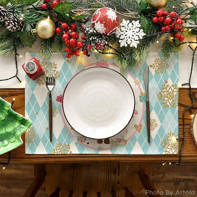 Blue Diamond Plaid Nutcracker Christmas Placemats Set of 4, 12x18 Inch