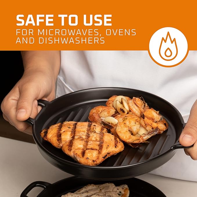 Bruntmor 10" X 6" Black Porcelain Set of 4 Serving Platters. Amazing lasagna pan with handle, Matte Glaze Baking Dish Dinner Plates, Oven Safe Serving Dishes, Round (Matte Glaze)