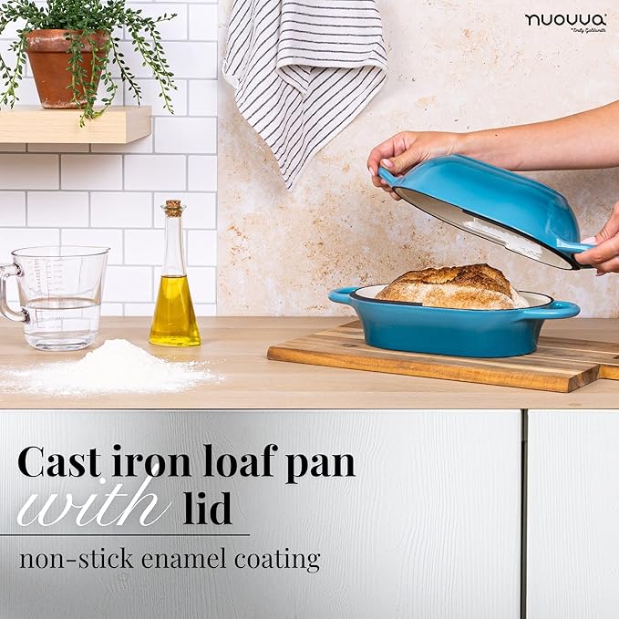 Dutch Oven For Sourdough Bread Baking – Enamelled Cast Iron Bread Loaf Pot – Oven Safe Non Stick Bread Pot – Rectangular,Light Blue, 24cm x 16cm – by Nuovva