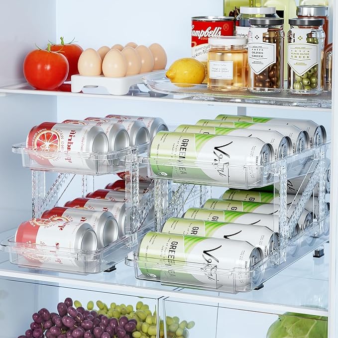 2-Pack Adjustable Can Dispenser for Refrigerator & Pantry - Expandable Width (6.23"-9.37") Gravity-Fed Organizer, Stackable Drink Holder Fits Standard/Tall Cans & Energy Drinks, BPA-Free (Clear-1)