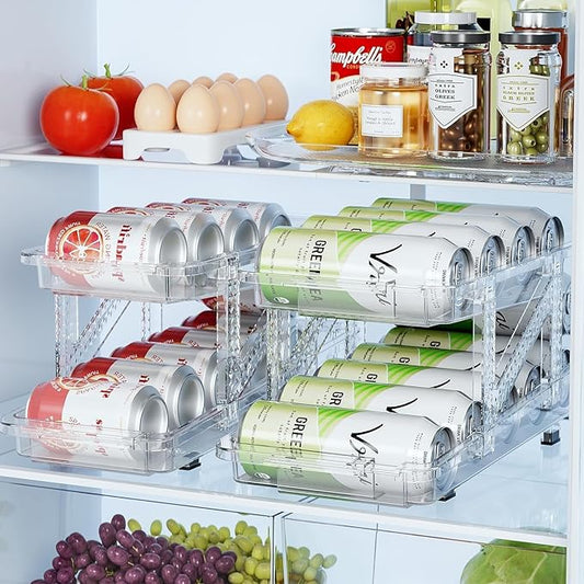 2-Pack Adjustable Can Dispenser for Refrigerator & Pantry - Expandable Width (6.23"-9.37") Gravity-Fed Organizer, Stackable Drink Holder Fits Standard/Tall Cans & Energy Drinks, BPA-Free (Clear-1)