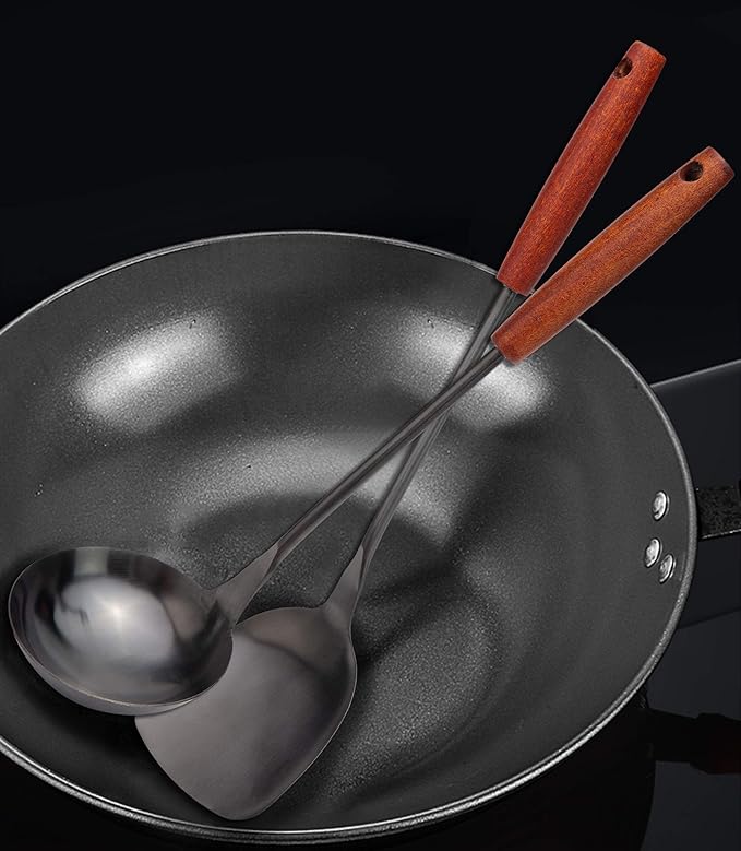 Soup Ladle 14.2 inches Wok Utensils Stainless Steel Soup Ladle Rust Proof Soup Ladle With Ergonomic Wooden Handle Soup Serving Spoon Ladles For Cooking, Gravy, Sauces, and More