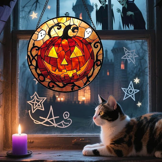 Stained Glass Window Hanging - Halloween Decorations Evil Pumpkin Orange Suncatcher for Doors Garden Indoor Funny Spooky Sun Catchers Gothic Decor Horror Gifts for Women Men Friend 11.8 in