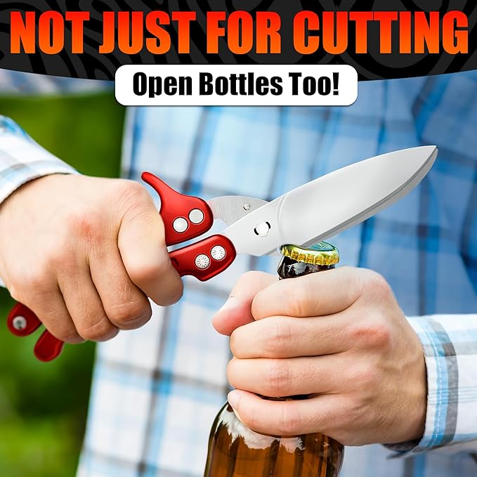 4-in-1 Kitchen Shears Heavy Duty – Sharp Fish, Seafood, Turkey & Chicken Scissors with Non-Slip Metal Handle & Micro-Serrated Blades for Meat – Spring-Loaded Bone Cutting Scissors with Safety Lock