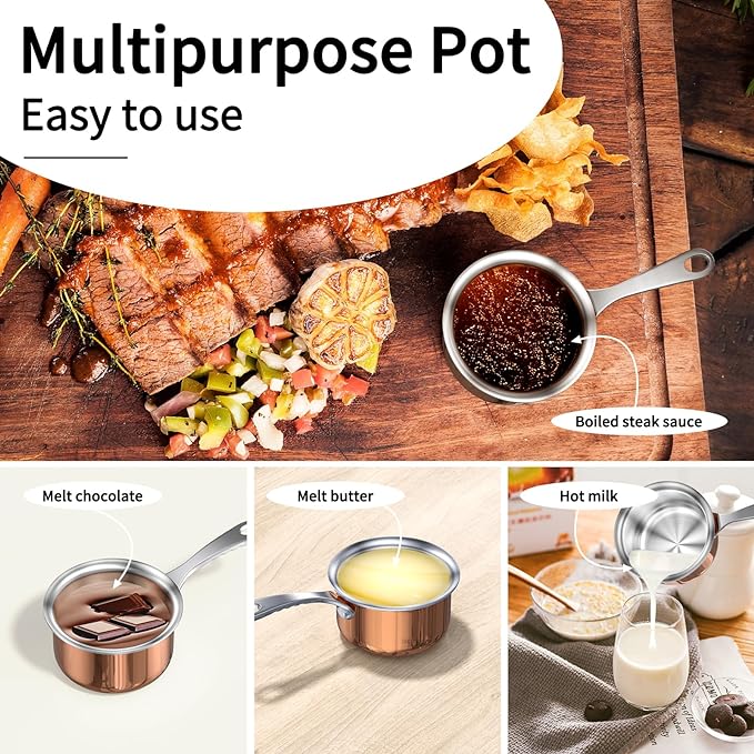 Macevia Mini Sauce Pan with Lid,Copper Butter Warmer Small Pot, Multipurpose Use for Home Kitchen or Restaurant (10.8oz/320ml)