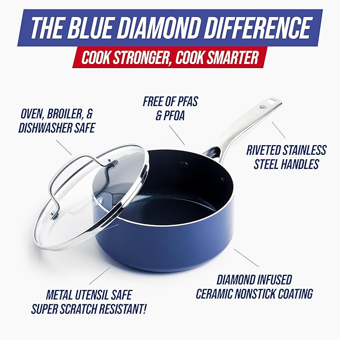 Blue Diamond Nonstick 2QT Saucepan with Lid, Non Toxic PFAS-Free Diamond Ceramic, Dishwasher & Oven Safe, Metal Utensil Safe Pot, Stay Cool Handle, Chef Pan, Glass Lid, Blue