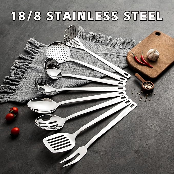 18/8 Stainless Steel Cooking Utensil set, 8 Pieces Metal Kitchen Utensils set, Slotted Spoon,Meat Fork,Ladle,Skimmer Spoon,Spatula,Spaghetti Server,Large Spoon,Masher (Dishwasher Safe, Silver)