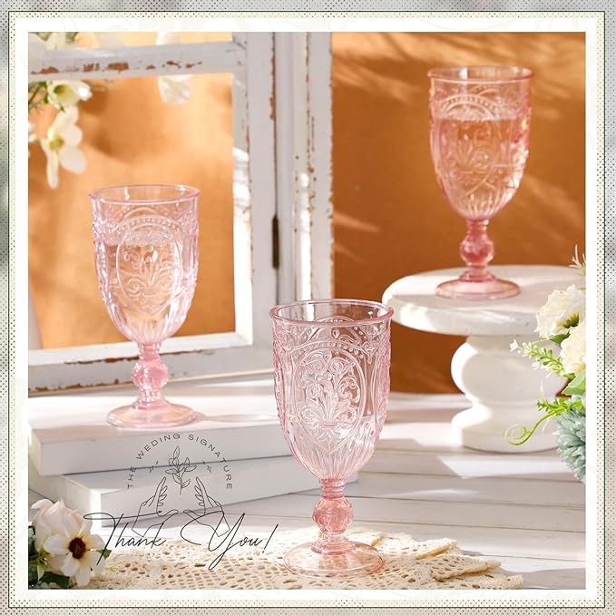 60 Pack Plastic Goblets 10oz Upgrade Vintage Water Goblet Plastic Wine Glasses Colored Retro Embossed Glassware for Party Wine Bar Juice Baby Shower Wedding Reception Grand (Pink)