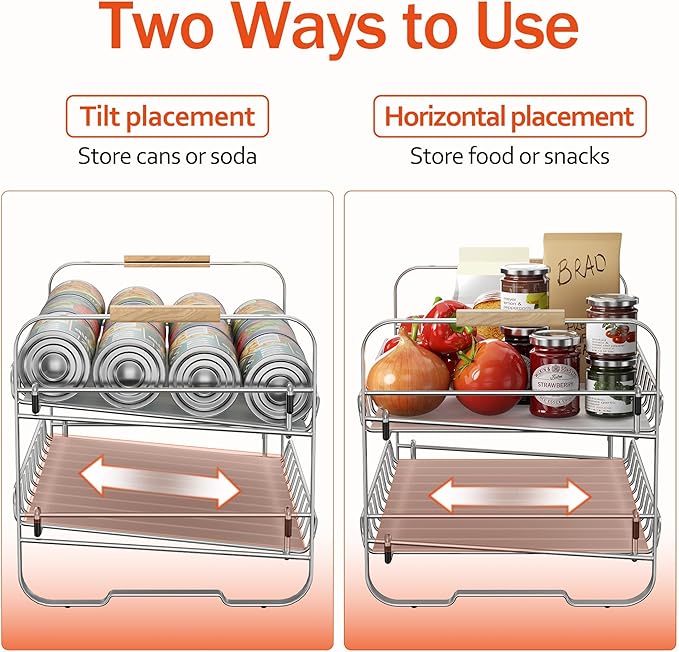 MAXIFFE 2-Tier Can Organizer for Pantry, 16.9"W × 11.5"D × 16.7"H, Stackable Metal Adjustable Hold 40 Cans Rack Storage Holder Dispenser for Soda Drinks Fruits, for Kitchen Countertop, 2 Pack Chrome
