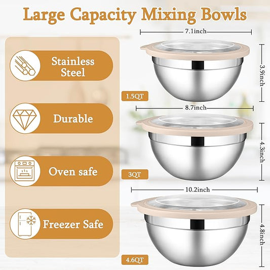 LIANYU Mixing Bowls with Visible Airtight Lids, 3Pcs Stainless Steel Large Metal Nesting Kitchen Bowls Set, 4.6 & 3 & 1.5QT Size Ideal for Mixing, Baking, Serving, Dishwasher & Freezer Safe, Khaki