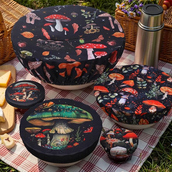 Patelai 10 Pcs Bowl Covers Reusable in 5 Size Stretch Cloth Fabric Elastic Food Storage Bowl Covers Bread Sourdough Lids for Proofing Food Fruits Leftover(Mushroom Style)
